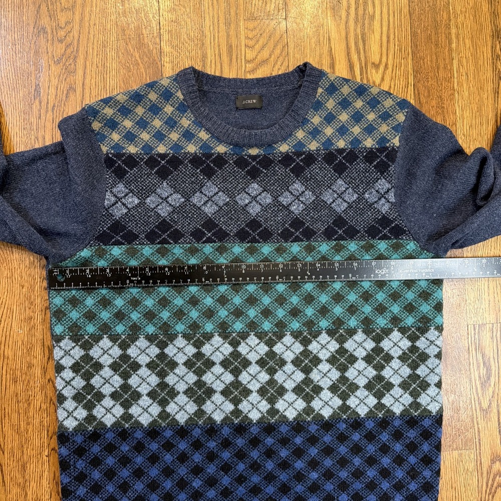 J Crew 100% LambsWool Crewneck Sweater Men's Medium Blue Argyle Diamond Preppy - Picture 5 of 10